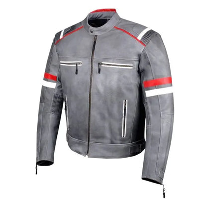 Mens Grey Cafe Racer Leather Jacket