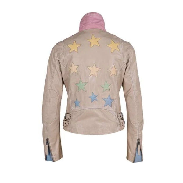 Womens Beige leather jacket with stars