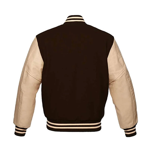 Brown Letterman Jacket with Cream Leather Sleeves