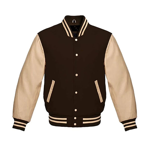 Brown Varsity Jacket with Cream Leather Sleeves