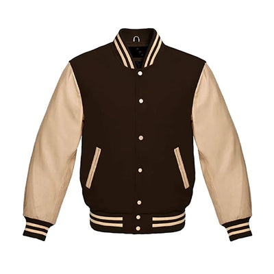 Brown Varsity Jacket with Cream Leather Sleeves