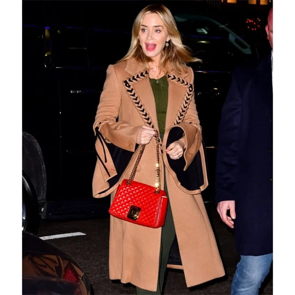 Emily Blunt Braided Camel Wool Coat