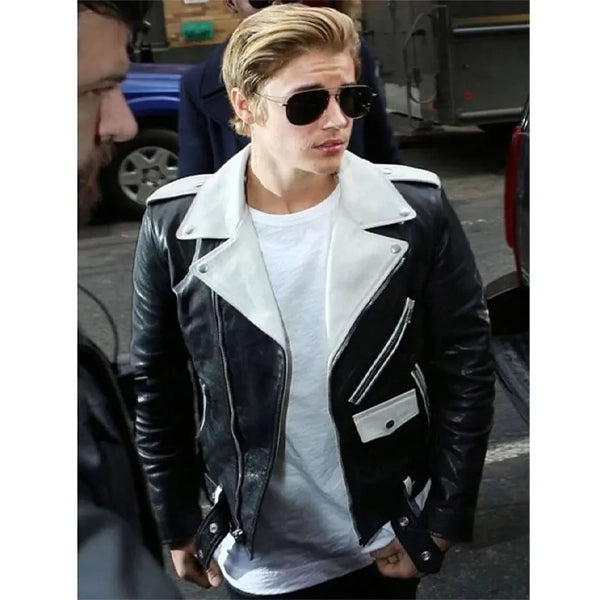 Justin Bieber Black and White  Leather Jacket