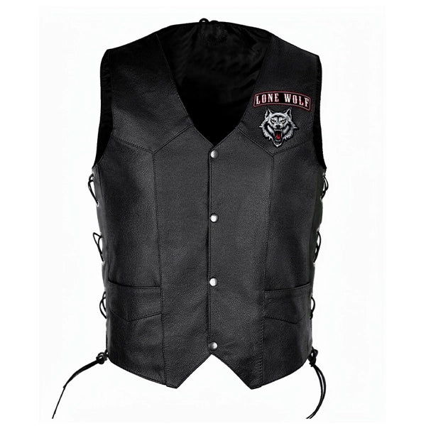 Men’s Lone Wolf Biker Black Leather Vest