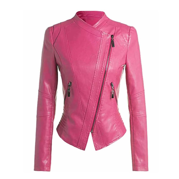 Women's Biker Fitted Hot Pink Leather Jacket